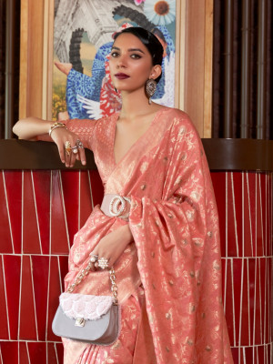 Peach color katan silk saree with zari weaving work