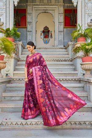 Magenta color banarasi silk saree with woven design