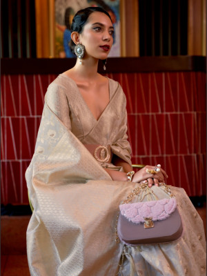 Cream color katan silk saree with zari weaving work