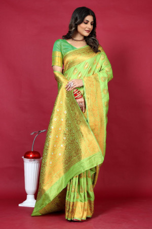 Olive dark green  color banarasi silk saree with zari weaving work