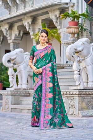 Bottle green color banarasi silk saree with woven design