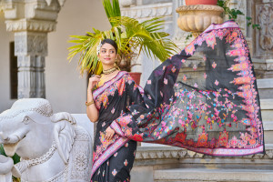 Black color banarasi silk saree with woven design