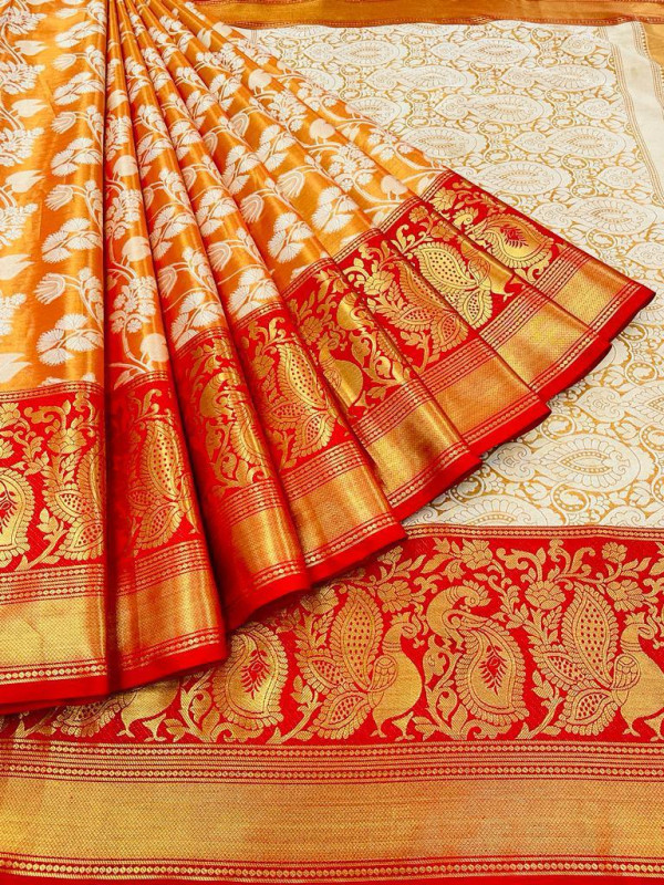 Lissome Orange Kanjivaram Silk With Hypnotic Blouse Piece – LajreeDesigner