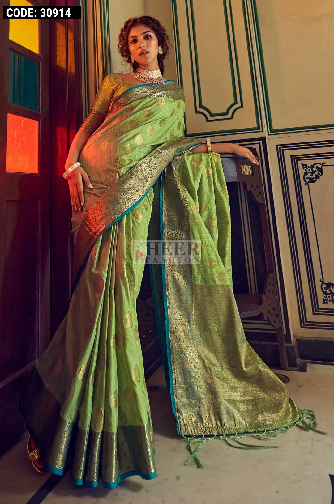 Green Soft Banarasi Silk Saree Featuring Meenakari Zari Weaving & Tassels on Pallu main image 0
