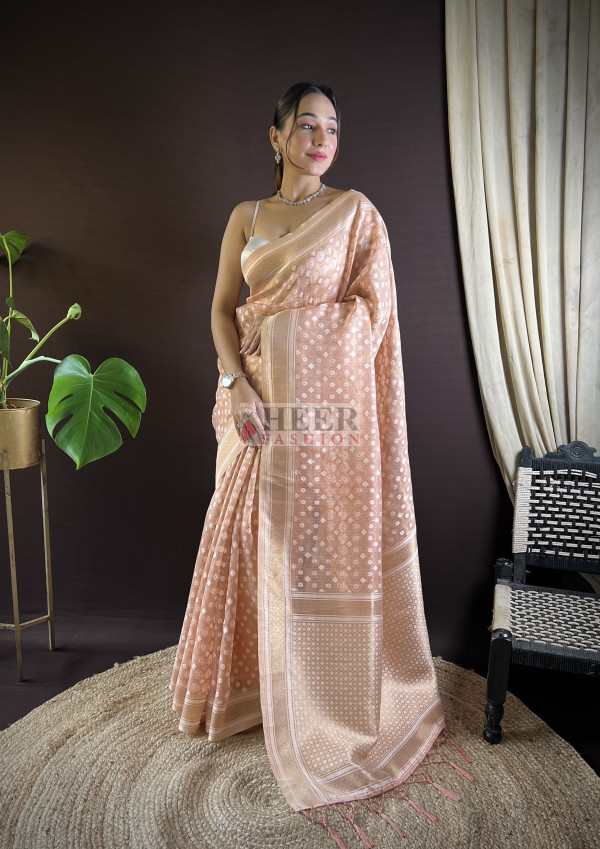 Suvarna Peach Color Dupion Silk Zari Weaving Work Half Saree Lehenga