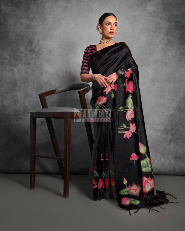 Black With Deep Pink Color Tussar Silk Saree And Contrast Matching Blouse