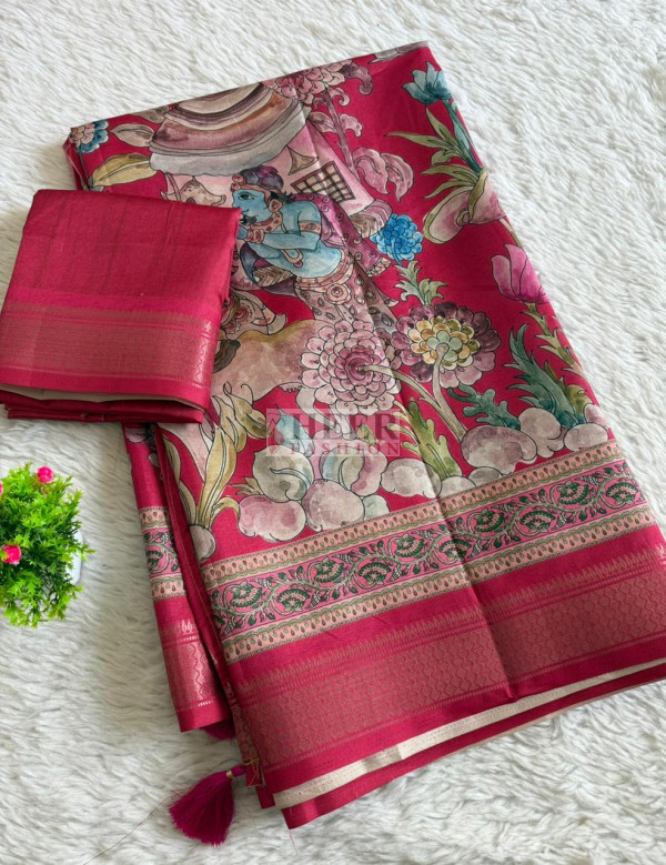 Women Turquoise Munga Silk Digital Print Saree With Unstitched Blouse
