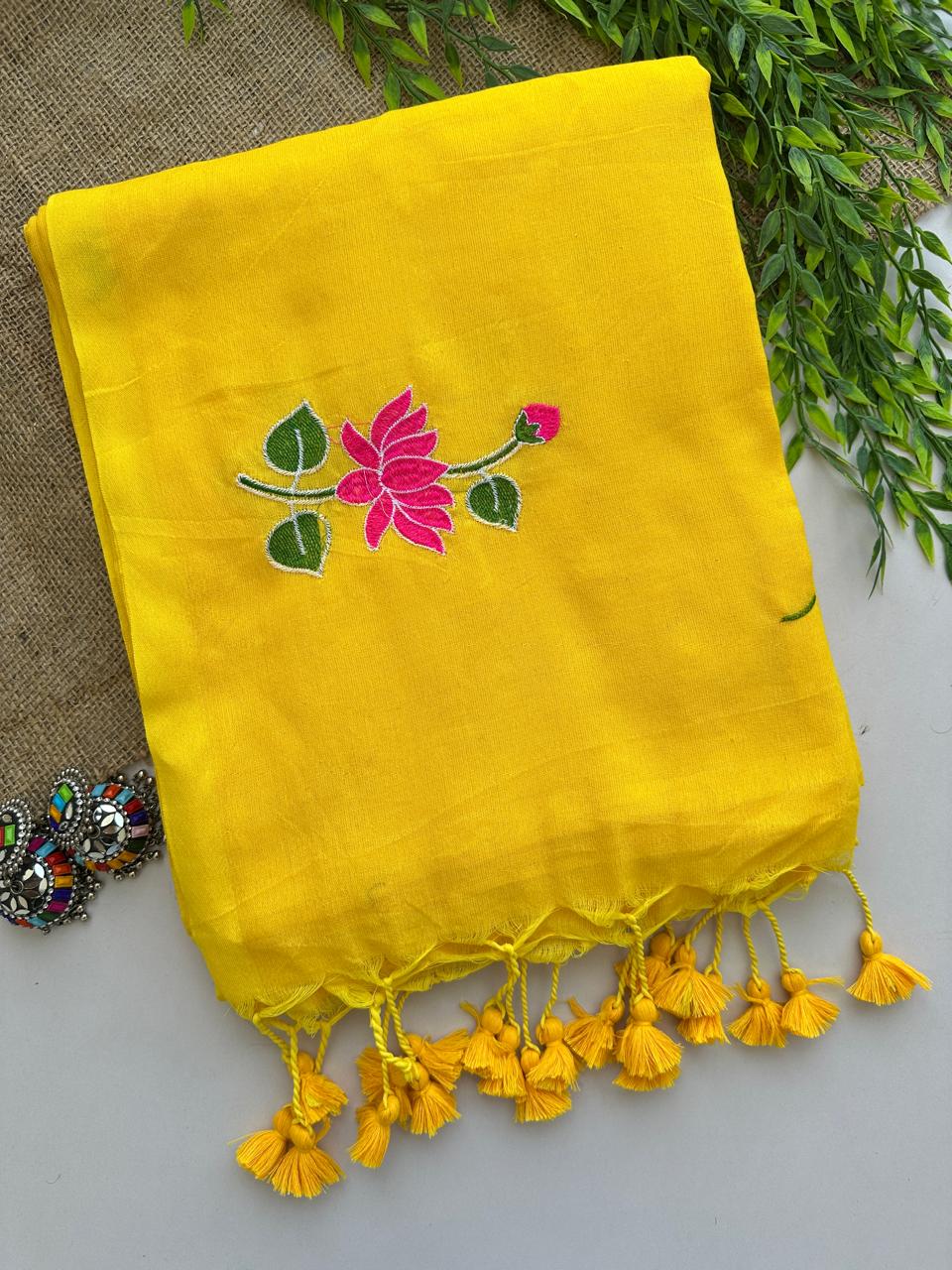 Color Coded Instruments Yellow color soft khadi cotton saree with flower embroidery work