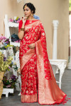 red color soft banarasi katan silk saree with zari weaving pallu and border
