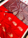 Red color kanchipuram silk handloom saree with silver and golden zari work