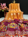 Orange color soft raw silk two tone weaving saree