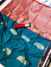 Rama green color kanchipuram silk handloom saree with silver and golden zari work