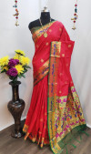 Red color paithani silk saree with weaving pallu