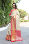 Cream color kanchipuram handloom weaving silk saree
