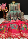 Firoji color soft raw silk two tone weaving saree