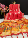 Red color soft raw silk two tone weaving saree