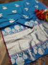 Sky blue color soft cotton silk weaving work saree