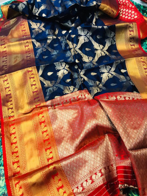 navy blue color kanchipuram handloom weaving silk saree with zari woven work