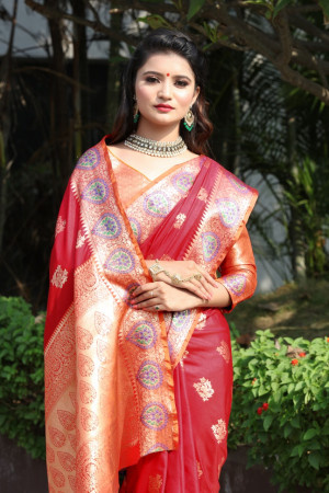 Red color banarasi soft silk saree with weaving work