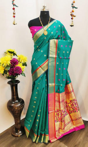 Rama green color paithani silk weaving work saree