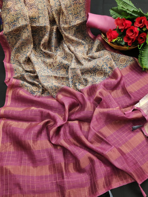 Cotton silk digital printed saree with zari woven border