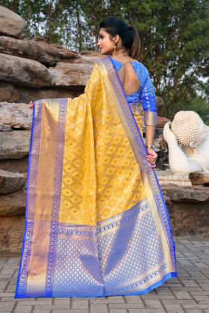 Yellow color kanchipuram handloom weaving silk saree