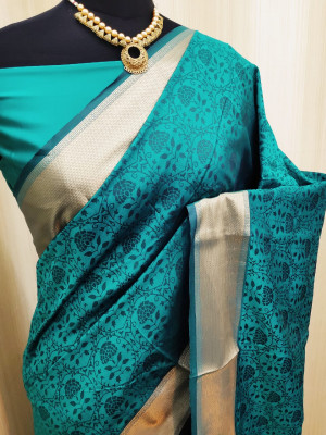 Sky blue color soft satin silk saree with zari woven work