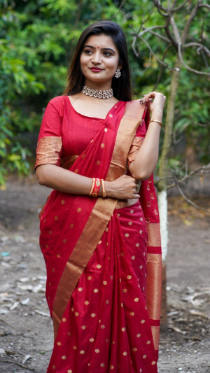Red color soft cotton silk saree with jacquard weaving buttis