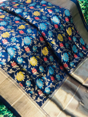 Navy blue color kanchipuram silk handloom saree with zari weaving work