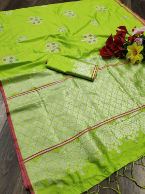 Green color soft cotton silk weaving work saree