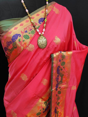 Gajari color paithani silk saree with weaving pallu
