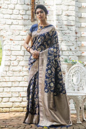 Navy blue color soft banarasi katan silk saree with zari weaving pallu and border