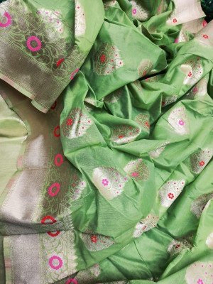 Pista green color soft linen silk saree