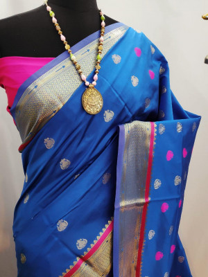 Blue color paithani silk weaving work saree