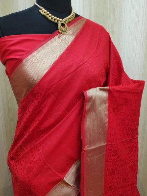 Red color soft satin silk saree with zari woven work