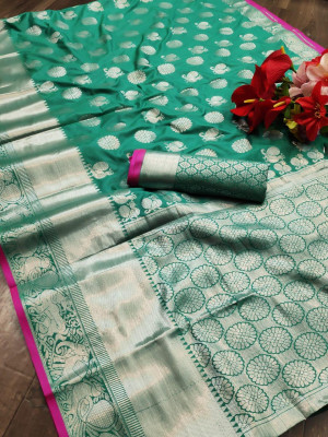 Rama green color Lichi silk Zari weaving work saree