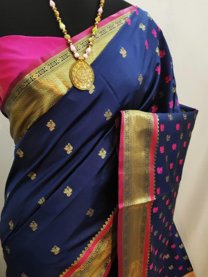 Navy blue color paithani silk weaving work saree