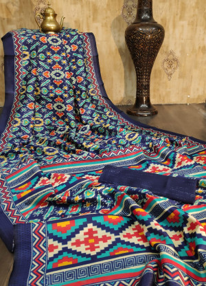 Raw silk saree with ikat printed contrast pallu