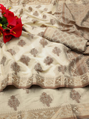 Cream color soft cotton silk saree