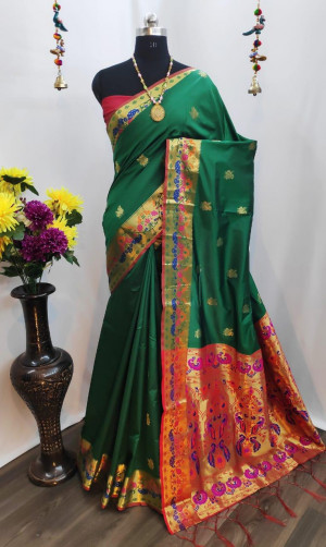 Green color paithani silk saree with weaving pallu