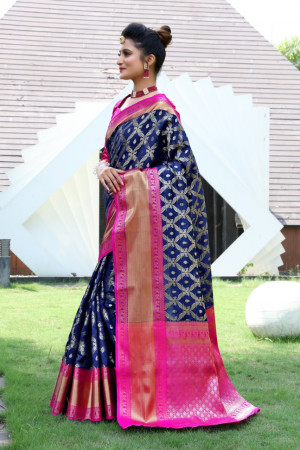 Navy blue color kanchipuram handloom weaving silk saree