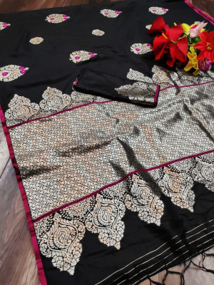 Black color soft cotton silk weaving work saree