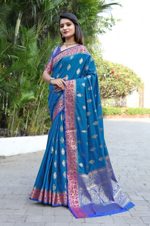 Firoji color banarasi soft silk saree with weaving work