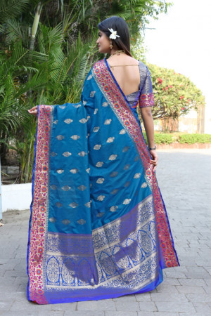 Firoji color banarasi soft silk saree with weaving work