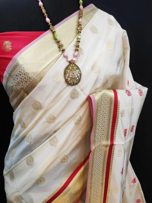 Off white color paithani silk weaving work saree