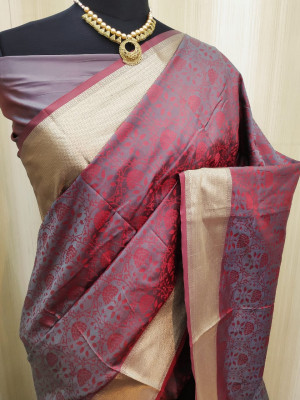 Gray color soft satin silk saree with zari woven work