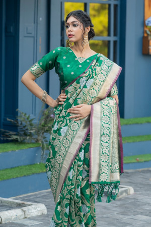 Green color soft banarasi silk weaving saree with zari work