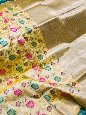 Yellow color kanchipuram silk handloom saree with zari weaving work
