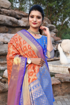 Orange color kanchipuram handloom weaving silk saree