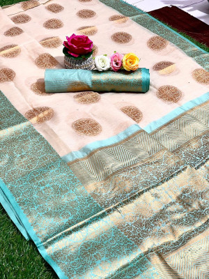 Soft linen silk saree with zari woven work